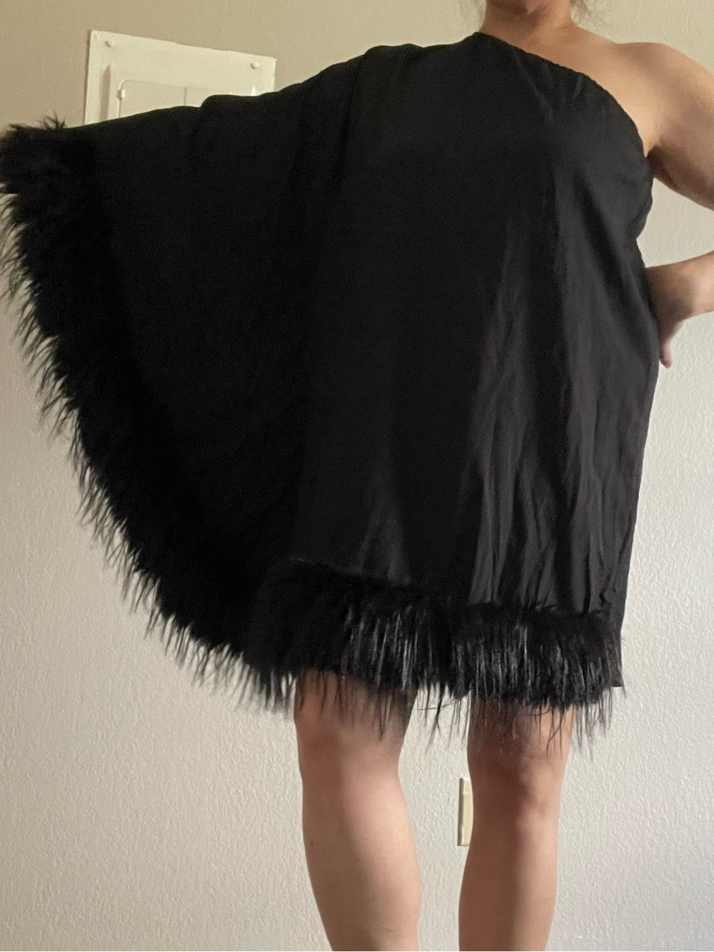 Black One-Shoulder Feather Trim Dress